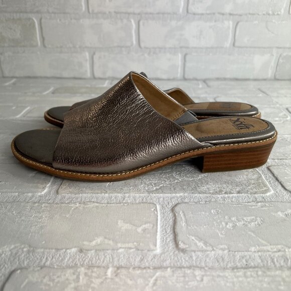 Sofft Slides Slip On Sandals Womens‎ 10 Metallic Pewter Low Wood Heel Open Toe - Picture 5 of 11